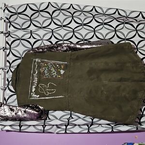 New York & Company Olive Green Utility Jacket with Black Sequin Sleeves